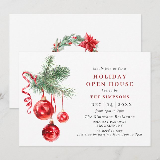 Watercolor Ornament CHRISTMAS HOLIDAY OPEN HOUSE Invitation (Front/Back)