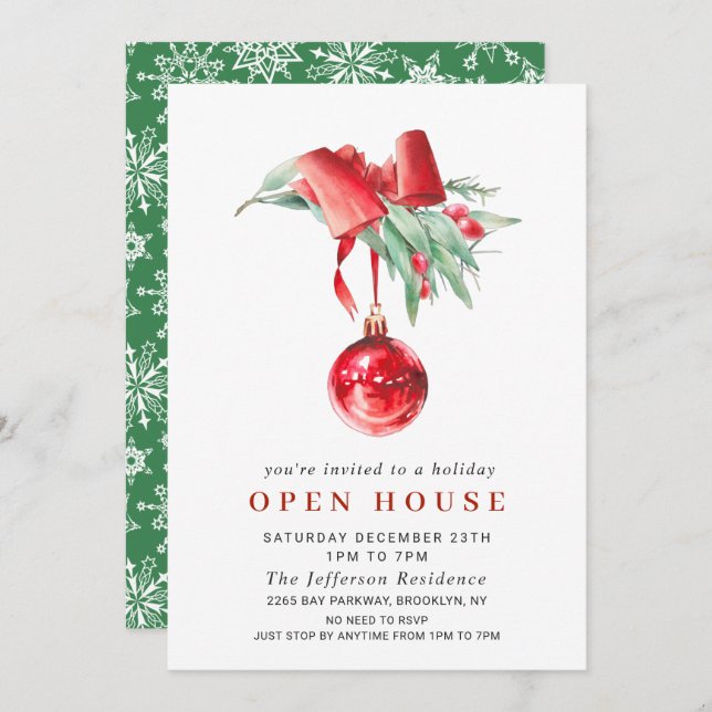 Watercolor Ornament CHRISTMAS HOLIDAY OPEN HOUSE Invitation (Front/Back)