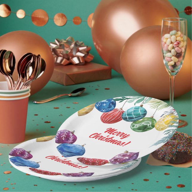 Watercolor Ornament Exchange Christmas Party Paper Plate (Multi)