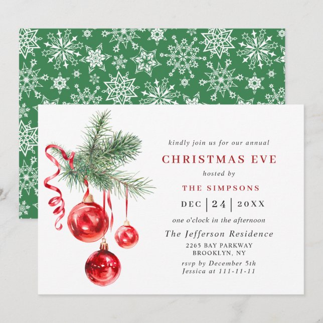 Watercolor Ornament Holiday CHRISTMAS EVE Invitation (Front/Back)