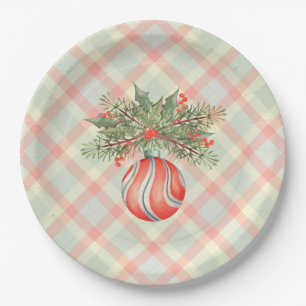 Watercolor ornament on a custom Christmas plaid Paper Plate