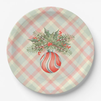 Watercolor ornament on a custom Christmas plaid Paper Plate