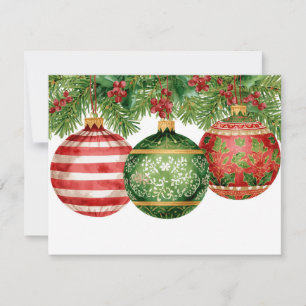 Watercolor Ornaments Pine Boughs Christmas Holiday Card