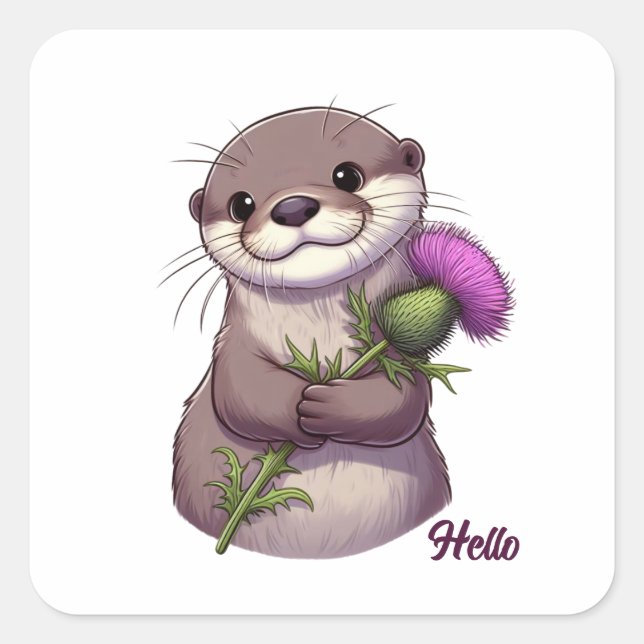 Watercolor Otter and Thistle Square Sticker (Front)