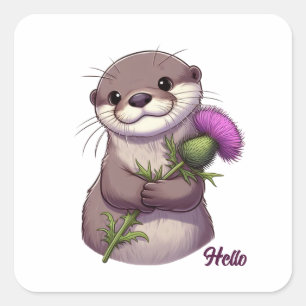 Watercolor Otter and Thistle Square Sticker