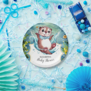 Watercolor Otter Baby Shower Paper Plate