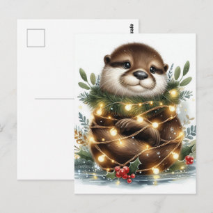 Watercolor Otter Christmas Lights Postcard
