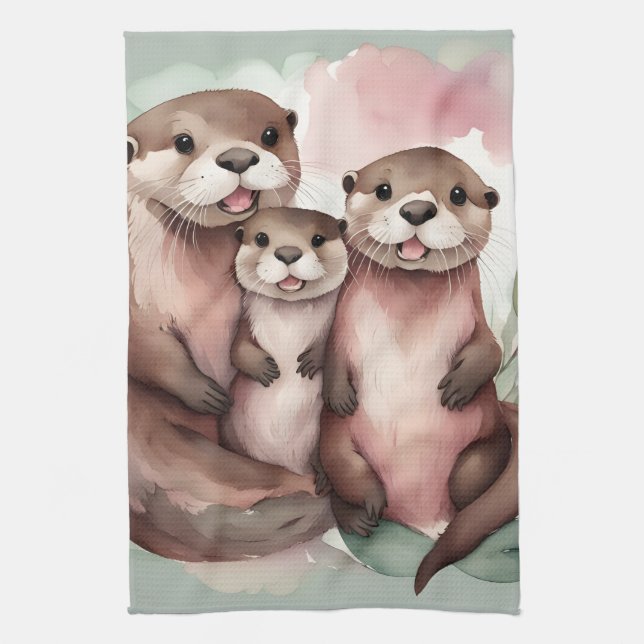 Watercolor Otter Family Kitchen Towel (Vertical)