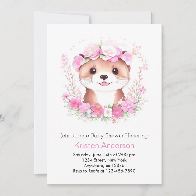 Watercolor Otter's Enchanted Girl Baby Shower Invitation (Front)