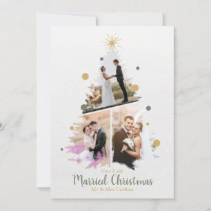 WaterColor Our First Married Christmas Three Photo Invitation