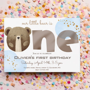 Watercolor our little bear is one baby birthday invitation