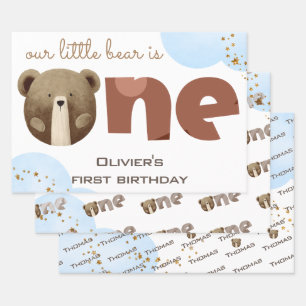 Watercolor our little bear is one baby birthday wrapping paper sheet