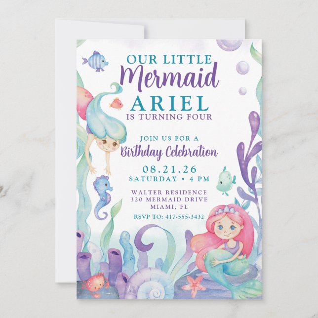 Watercolor Our Little Mermaid Birthday Invitation (Front)