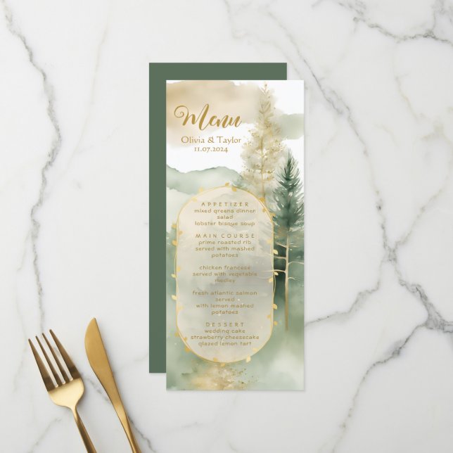 Watercolor Outdoor Pine Trees Forest Wedding Menu (Front/Back In Situ)
