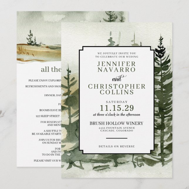 Watercolor Outdoorsy with Details Wedding Invitation (Front/Back)