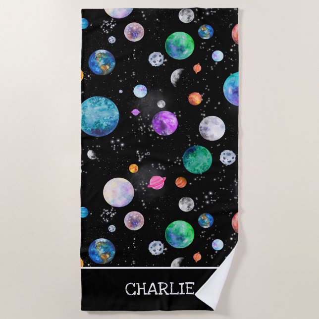 Watercolor Outer Space Planets Personalized Galaxy Beach Towel (Front)