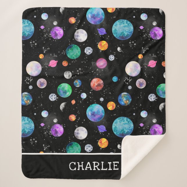 Watercolor Outer Space Planets Personalized Galaxy Sherpa Blanket (Front)