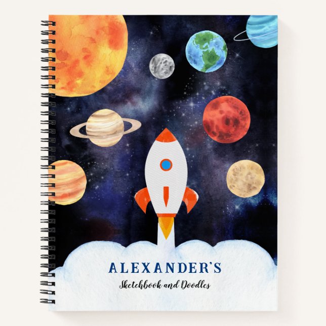 Watercolor Outer Space Rocket Kids Notebook (Front)