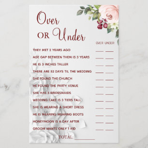 Watercolor Over or Under Bridal shower game card