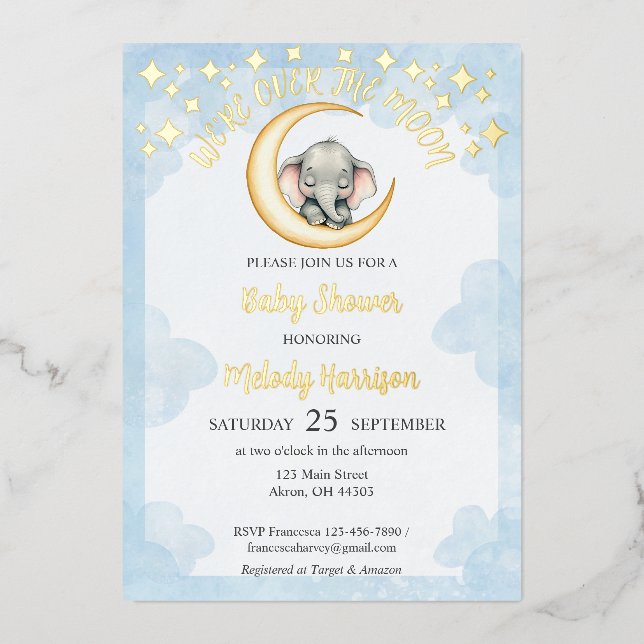 Watercolor Over the Moon Elephant Baby Shower  (Front)