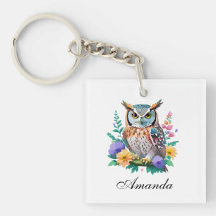 Watercolor Owl and Colourful Flowers Keychain