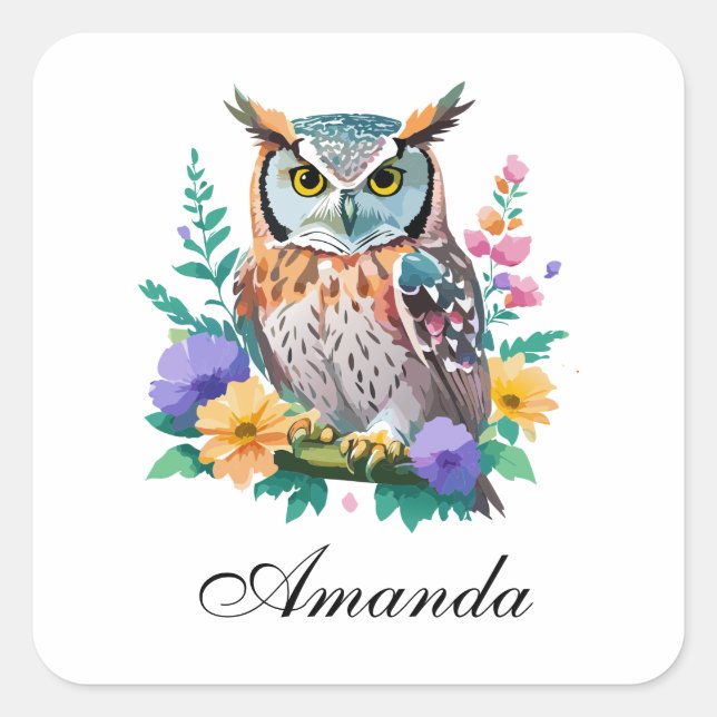 Watercolor Owl and Colourful Flowers Square Sticker (Front)
