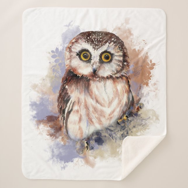 Watercolor Owl Bird Wildlife Art Sherpa Blanket (Front)
