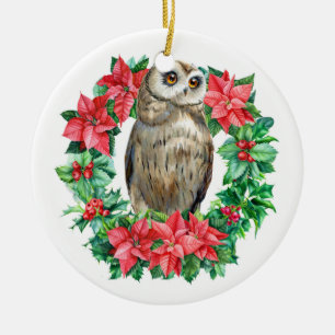 Watercolor Owl Botanical Wreath Christmas Photo Ceramic Ornament