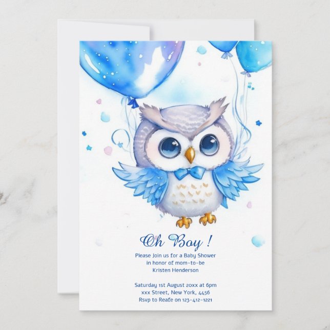 Watercolor Owl Boy Baby Shower Invitation (Front)