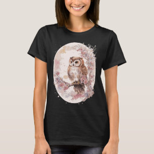 Watercolor Owl Cherry Blossom Japanese Sakura T-Shirt