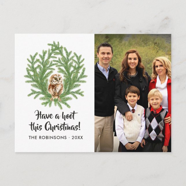 Watercolor Owl Christmas Family Photo Holiday Postcard (Front)