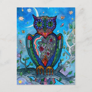 Watercolor Owl fantasy illustration. Fairytale Postcard