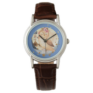 Watercolor Owl Flowers Moon and Stars Watch