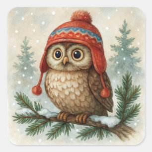 Watercolor Owl In a Winter Cap Square Sticker