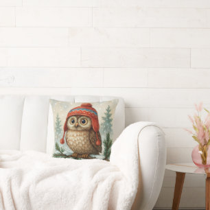 Watercolor Owl In a Winter Cap Throw Pillow