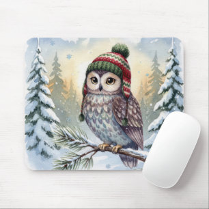 Watercolor Owl In Winter Hat Mouse Pad