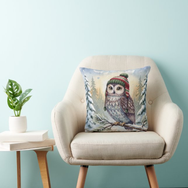 Watercolor Owl In Winter Hat Throw Pillow (Chair)