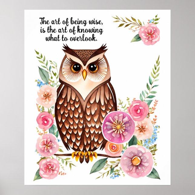 Watercolor Owl On Limb With Pretty Flowers Poster (Front)