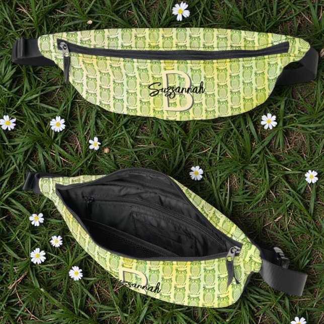 Watercolor Owl Pattern with Initial Monogram Fanny Pack (Owl pattern designed fFanny pack view inside, top and front)