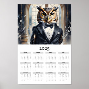 Watercolor Owl Tuxedo Bow Tie 2025 Wall Calendar Poster