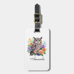 Watercolor Owl with Colourful Flowers Luggage Tag