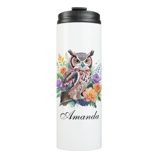 Watercolor Owl with Colourful Flowers Thermal Tumbler (Front)