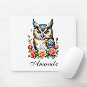 Watercolor Owl with Flowers Girly Mouse Pad