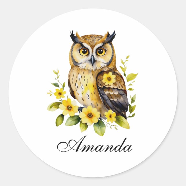 Watercolor Owl with Yellow Flowers Classic Round Sticker (Front)