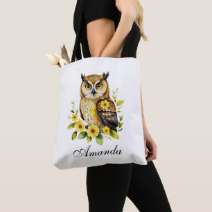 Watercolor Owl with Yellow Flowers Tote Bag