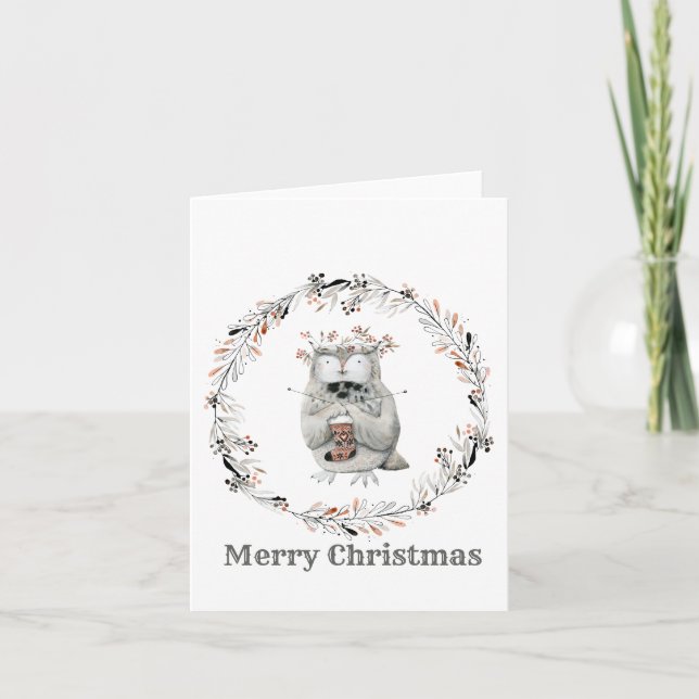 watercolor owl wreath winter merry christmas card (Front)
