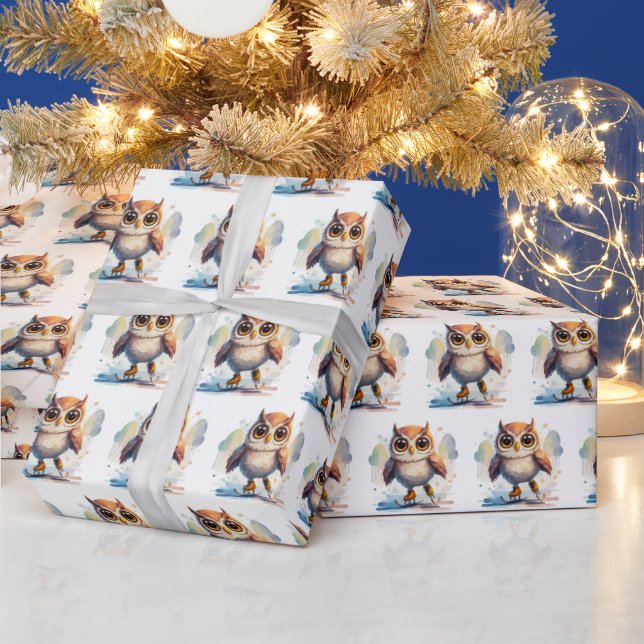 Watercolor Owls Ice Skating Wrapping Paper (Holidays)