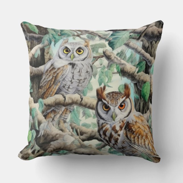 Watercolor Owls in Trees Throw Pillow (Front)