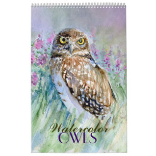 Watercolor owls  paintings calendar 2015 close-ups