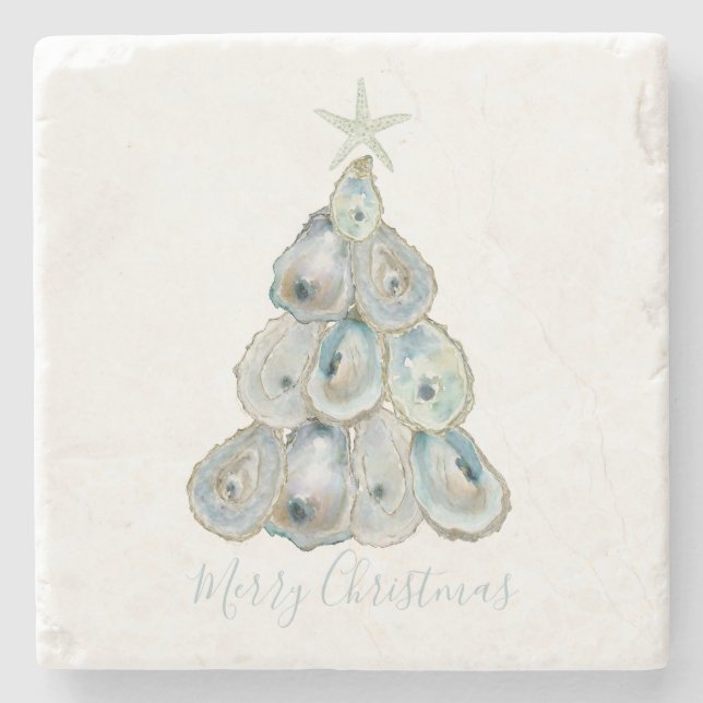 Watercolor Oyster Christmas Tree Stone Coaster (Front)